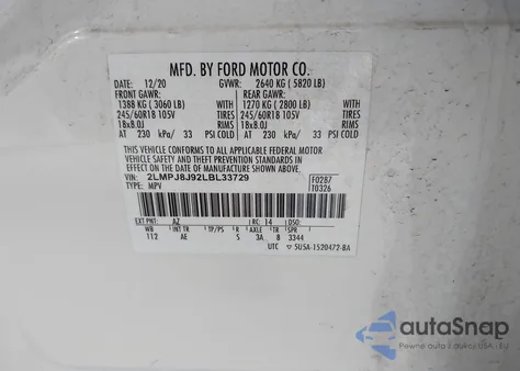 2020 Lincoln Nautilus Standard from USA, damaged, VIN 2LMPJ8J92LBL33729